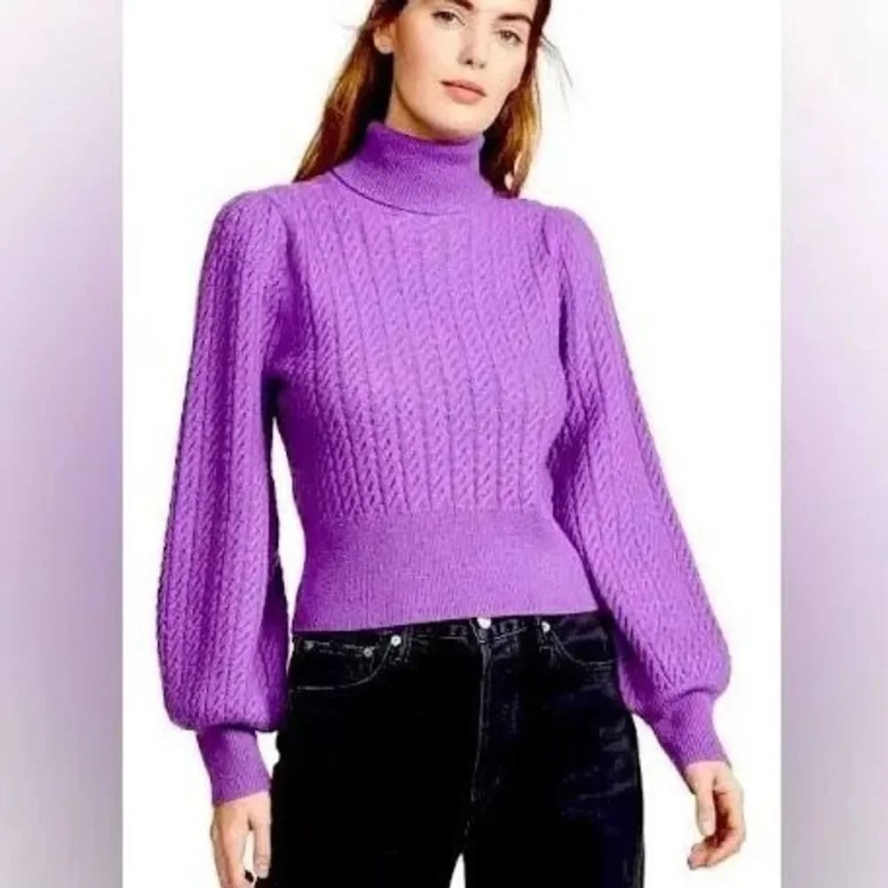 A.L.C. Callas Cable Knit Long Puff Sleeve Turtleneck Sweater Purple Wool Medium